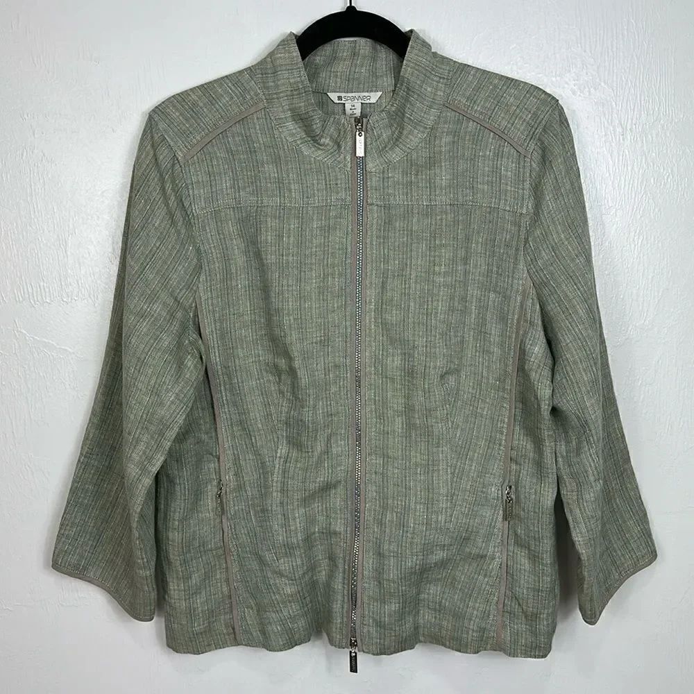 Spanner Linen Green Long Sleeve Striped Zip Up Jacket Size 14